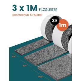 shinfly Filzgleiter Selbstklebend 4mm Dicker, Filz Selbstklebend Möbelgleiter(100cm*10cm+100cm*5cm+100cm*2cm), Schneiden Sie Jede Form, Stark Klebendes Filzgleiter für Stühle Möbel - Dunkelgrau