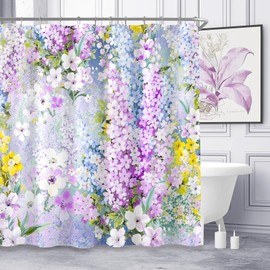 BayNook BayNook Lavender Floral Shower Curtain, Colorful Flower Fabric Shower Curtains for Bathroom, Pretty Funky Watercolor Cloth Shower Curtain Set Cute Trendy Waterproof Bath Curtain 72x72