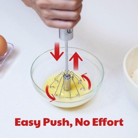 Stainless Steel Egg Whisk - Easy to Use Semi-automatic Push-Down Zip Whisker - Rotary Hand Mixer for Beating Eggs, Frothing Milk, Blending, Mixing, Whipping Smoothies & Shakes - 2 Pack (12 &14 Inch)