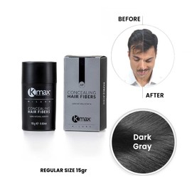 Kmax Concealing Hair Fibers - Keratin Fibres for Hair, Hair Powder for Hair Thickening Effect, Hair Fibres to Cover Hair Loss, Regular Size 15g, Dark Grey