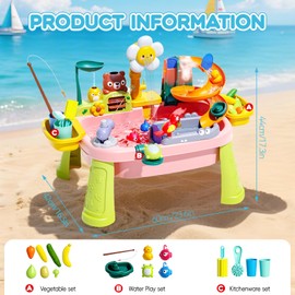 2026 Upgraded Toddler Sand Water Table Toy with Electric Water Pump, Kids Sand Water with Faucet/Play Food Accessories/Fishing Toy, Kitchen Play Sink Toys for Girl Boy Age 3+ (Pink)