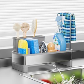 Ewaiira Stainless Steel Sink Caddy, Sponge Holder for Kitchen Sink with Brush Holder & Dishcloth Rack, Rustproof Sink Organizer Countertop, Soap Dispenser Kitchen Organizers Storage Essentials, Gray