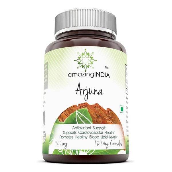 Amazing India Arjuna Bark Standardized to 25% Tannins 500 Mg 120 Veggie Capsules (Non-GMO) - Antioxidant Support* Supports Cardiovascular Health* Promotes Healthy Blood Lipid Levels*