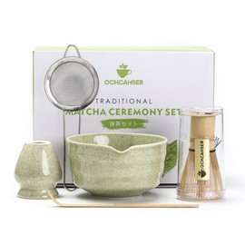 Matcha Set, Japanese Tea Set Includes Matcha Bowl with Spout, Matcha Whisk Holder, Bamboo Matcha Whisk and Bamboo Scoop, 17 oz Mottled Tea Green Glaze Ceramic Matcha Kit for Tea Lovers