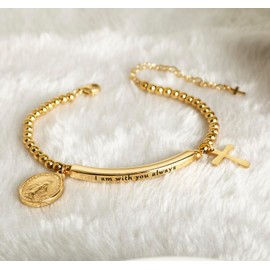 DS Religious Gift for Her Christian Cross Jesus Charm Bracelet Bible Verse I am with you always Inspirational faith Friendship Bracelets For Women Stainless Steel Jewelry Gift To Daughter Niece -Gold