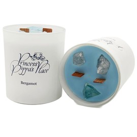 13% Scented Candle Gifts for Women & Men, Non-Toxic Cute Scented Candles with 3 Healing Crystals and 2 Wooden Wicks in Glass Jar, Soy Wax Candle, Aromatherapy Relaxation Candle (Bergamot), Pack-1