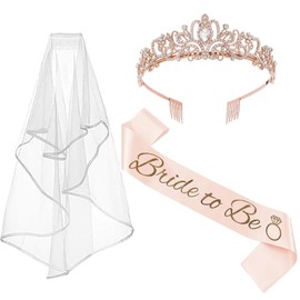 Bride to be Sash Hen Party Accessories Kit, Hen Party Sashes, Bride to Be Veil and Tiara Headband Hen Do Decorations for Bridal Showers Bachelorette Parties and Wedding-Rose Gold