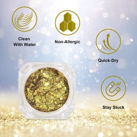 Aslanka Chunky Glitter Gel, Mermaid Sequins Liquid Party Makeup Face Body Eye Hair Nail Cosmetic Festival Multi-Shape Sequins Eyeshadow with Sponge Applicator No Need Glue- Golden