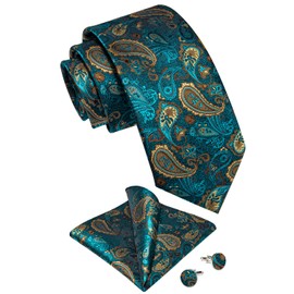 DiBanGu Mens Teal Paisley Necktie Set Jacquard Woven Turquoise Tie and Pocket Square Cufflinks for Party