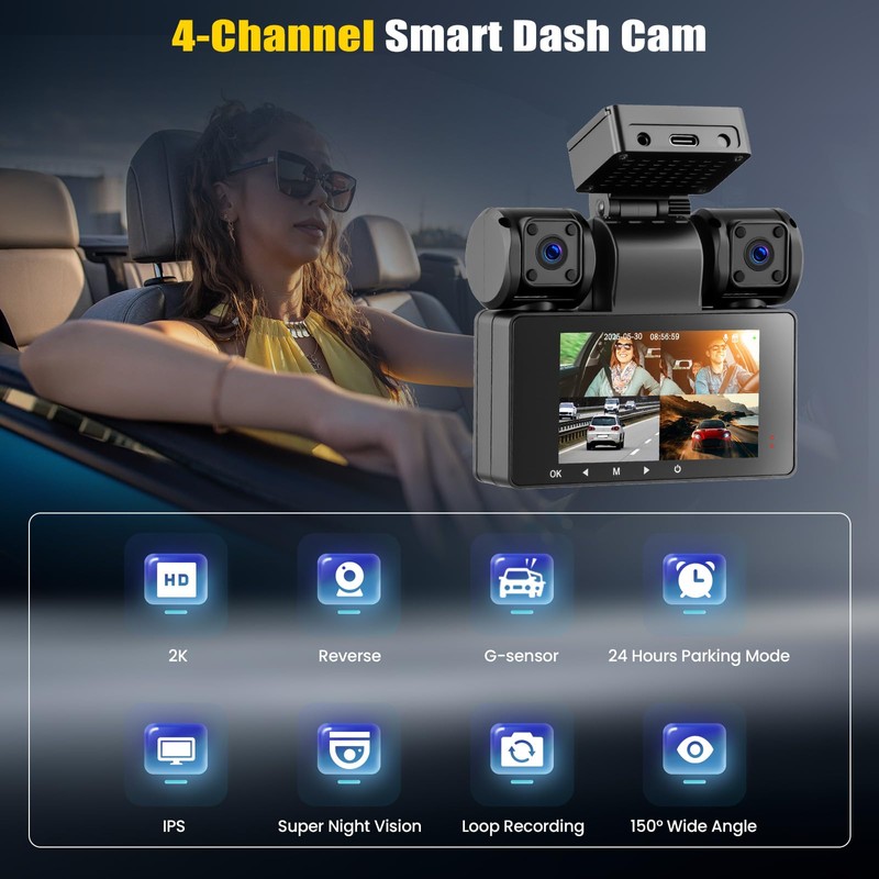 CAMECHO 2K Dash Cam Front and Rear 4 Channel, 360