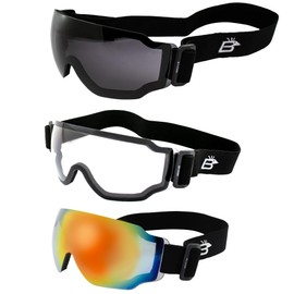 Birdz Eyewear Arch Sports Padded Safety Sky Diving Ski Motorcycle Goggles for Men & Women ANSI Z78.1+ 3 Pairs Clear Smoke and Red Mirror Lenses