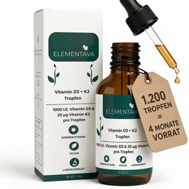 ELEMENTAVA Vitamin D3 K2 Drops 1000 IU - 25 µg D3 + 20 µg K2 (MK-7) - MCT Oil - 60 ml - Vegan & Laboratory Tested