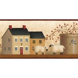 CONCORD WALLCOVERINGS ™ Farmhouse Sheep & Houses Wallpaper Border, 7" x 15' Cream Red Brown Green Folk Art Design, Prepasted Washable Vinyl, Kitchen Living Room Decor #AAI08143B