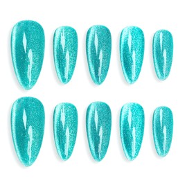 Sun&Beam Nails Handgefertigte Nagelspitzen Mittellange Mandelförmig Nägel zum Aufkleben in Grün Blau Magnetisches Design mit Klebepads 10 Stück (#119 L)