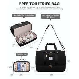 LOVEVOOK Travel Bag Gym Bag for Women, Waterproof Weekend Overnight Holdall Duffle Bags with Toiletry Bag, Shoe Compartment & Wet Pocket, Cabin Carry On Bag Hand Luggage Bag for Travel Sports, Black