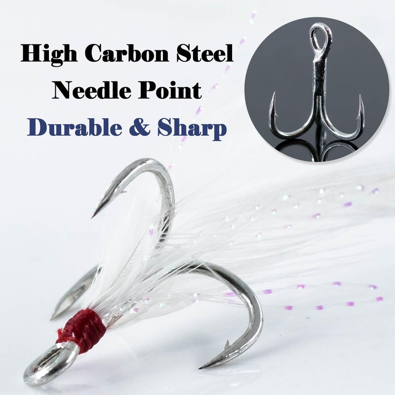 FishTrip Feathered Treble Hooks Fishing, 15Pcs Dressed Treble Hook Size