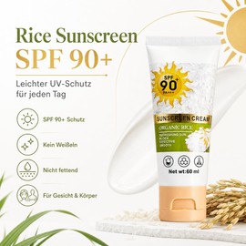 Rice Sunscreen LSF 90+ - Sonnencreme Gesicht & Körper - Sonnenschutz Gesicht - Sonnenmilch SPF 90 - Sun Cream - Reis Aloe Vera Pflege, nicht fettend, ohne Weißeln für Alltag & Sport