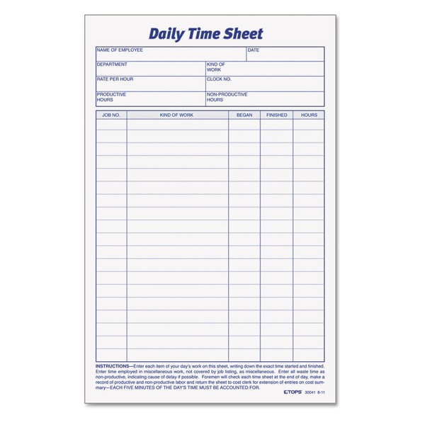 TOPS Daily Employee Time And Job Sheet, 6 x 9.5 Inches, 100 Sheets per Pad, 2 Pads/Pack (30041)