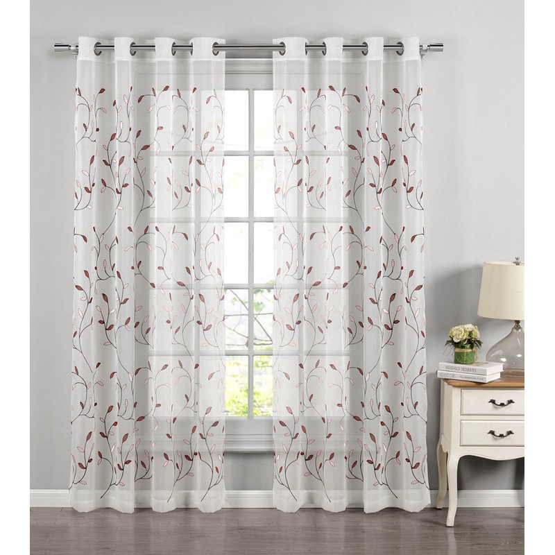 Window Elements Wavy Leaves Embroidered Sheer Grommet Curtain Panel, Rust