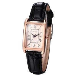 Silverora Women's Watches Rectangular Leather: Small Square Analogue Quartz Women's Watches with Roman Numeral Scale Exquisite Wrist Watches with Leather Strap Gifts for Women, Rose gold black, Strap.