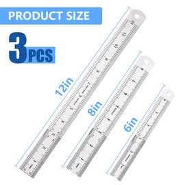 DTDNZKN 3 Pack Stainless Steel Ruler Set - Includes 6 inch (15 mm), 8 inch (20 mm), and 12 inch (30 mm) with SAE & Metric Measurements - for Drawing, Home, Office, and Engineering Use
