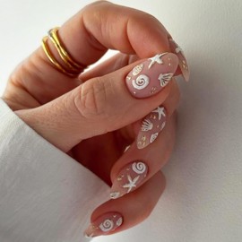 Gentle Claws Haute Press On Nails | Sea | Ocean Beach Theme Medium Press On Nails with Sea Element Relief Design (Shell, Starfish, and Pearl)