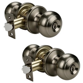 KNOBWELL 2 Pack Door Knob with Lock and Key (Keyed Alike), Keyed Entry Door Knobs Lock, Exterior Door Knob for Front Doors, Antique Brass
