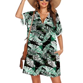 AI'MAGE Beach Dress for Women, Beach Bikini Cover Up, Short Sleeve Beach Poncho, Pareos, Summer Dress, Swimwear, Short Cover Up, Hawaiian Green Black, M, Hawaiian Green