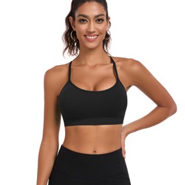 ANGOOL Women's Sports Bra without Underwire Racerback Spaghetti Straps Sports Bustier Women's Padded Seamless Y-Back Removable Cup for Low-Impact Training, Black+grey, S