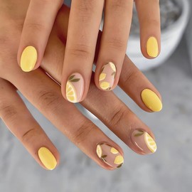 IMSOHOT Yellow Oval Press on Nails Summer Short French Tip Fake Nails Cute Lemon Pattern False Nails with Designs Glossy Glue on Nails Full Cover Round Acrylic Nails for Women Girls 24Pcs