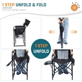 Camping Chairs for Adults Directors Chair with Side Table, 1-Step Setup, Mesh Backrest Folding Lawn Chairs with Pocket, Foldable Camp Chair for Outdoor, Picnic, Sports and Fishing, Black