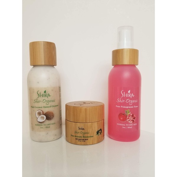 Shira Shir-Organic Trio for Normal to Dry Skin Care Kit for Healthy and Hydrated Skin with Coconut Oatmeal Cleanser Pomegranate Toner & Avocado Moisturizer.