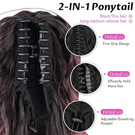 Isaic 30 Inch Ombre Pink Claw Clip Ponytail Extension for Women Long Wavy Pony Tails Hair Extensions Fluffy Natural Looking Synthetic Hairpiece for Daily Use