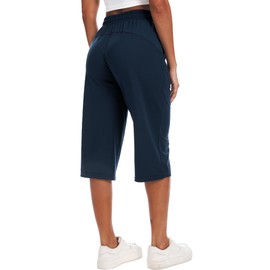 NEIOROT Womens Capri Pants High Waisted Wide Leg Lounge Pants Drawstring Workout Sweatpants with Pockets,1 Pack,Navy,X-Large