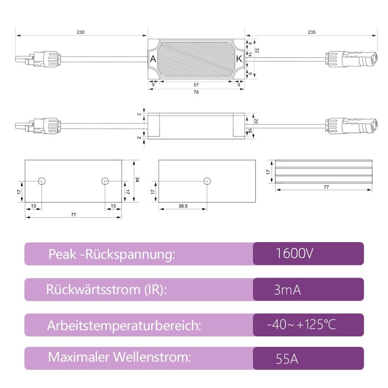HandGold 1600VDC 55A Solar Diode Connector for PV Combiner Box