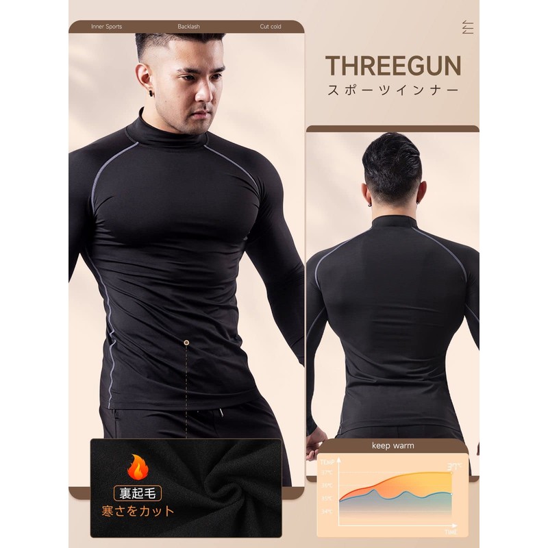 THREEGUN Men's Compression Top, Fleece Lined, High Neck, Undershirt, Long