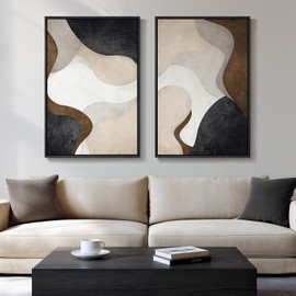 Large Framed Neutral Abstract Minimalist Wall Art Set of 2, Modern Canvas Prints Paintings Artwork for Walls, Black Beige Brown Abstract Art Pictures for Living Room Dining Bedroom Wall Decor 24x36 In