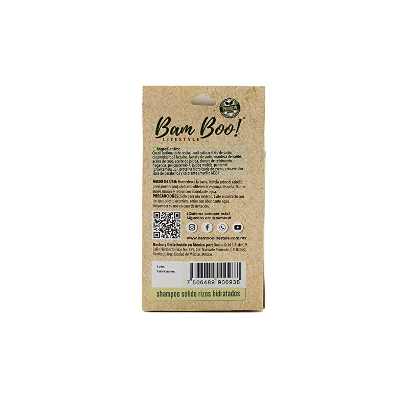 Shampoo Sólido Artesanal Rizos Hidratados 80 g Bam Boo! Lifestyle