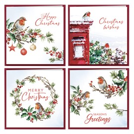 Christmas Cards Pack of 12 Traditional Robin Designs with Red Envelopes Christmas Seasonal Greeting Cards 12.5 x 12.5cm Xmas Decorations for Family Friends