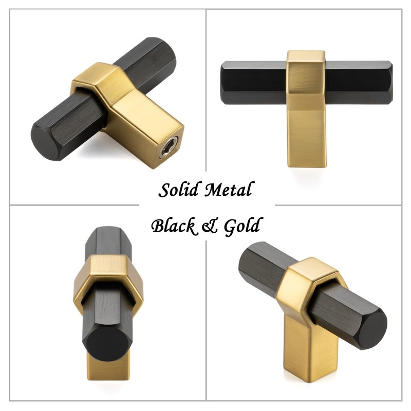 ASKANO 10 Pack T-bar Black and Gold Cabinet Knobs Matte