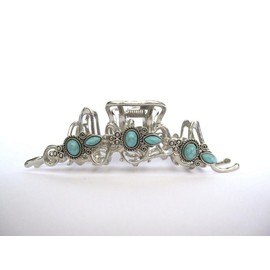 Hair claw clip wavy silver turquoise blue stone metal western long thin hair
