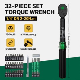 XLIT 32-Piece Bike Torque Wrench Set, 1/4-Inch Drive (2-20 Nm), ±3% Accuracy - Professional Bicycle Tool Kit for Carbon Fiber Parts, Road & Mountain Bike (MTB) Maintenance