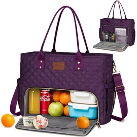 KKXIU Lunch Tote Bag for Teacher & Nurse, 15.6 Inch Laptop Tote with Insulated Lunch Box Pocket for Women, Professional Computer Work Bag for School, Office, Nursing - Purple