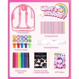 D-FantiX Unicorn Art Supplies Clear Backpack for Toddler, 51Pcs DIY Colouring Craft Kits with Scratch Art Paper and Stickers, Road Trip Activities for Kids, Creative Birthday Gift for Girls
