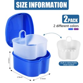 KISEER KISEER 2 Pack Colors Denture Bath Case Cup Box Holder Storage Soak Container with Strainer Basket for Travel Cleaning (Blue and Purple)
