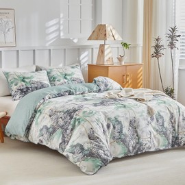 Lekesky King Size Duvet Cover Sets Green and Grey Abstract Marble Texture Green Bedding Sets King Size (1x Duvet Cover, 2x Pillowcase)