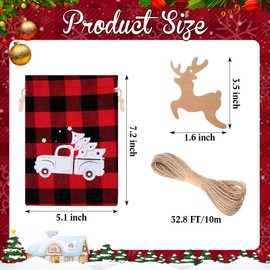 48 Pcs Christmas Drawstring Bags Xmas Buffalo Plaid Burlap Candy Bags Linen Treat Bags Holiday Party Favor Christmas Sack Sachet Bag with Cards and Rope (Black, Red, White, 7 x 5 Inch)