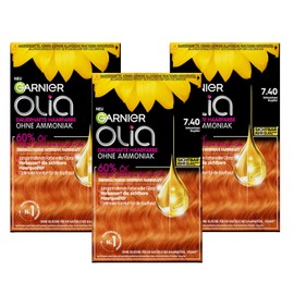 Garnier Olia 7.4 Intense Copper Permanent Hair Colour without Ammonia, with Nourishing, Natural Oils, Full Grey Hair Coverage, Permanent Colouration - 3 x 1 Piece