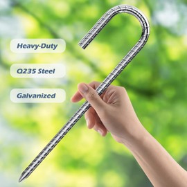 Heavy Duty Tent Pegs 12 inch, Galvanised Steel Ground Pegs, Rust-Proof & Durable Trampoline Tents Ground Anchor Rebar Stakes for Camping Tents, Trampolines (J-Shaped)