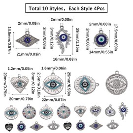 SUNNYCLUE 40PCS 10 STYLES Sliver Evil Eye Charms Bulk Rhinestone Charms Hollow Crystal Cubic Zirconia Shiny Lucky Eyes Heart Love Charm for Jewelry Making Charms Diy Earrings Bracelet Necklace Craft